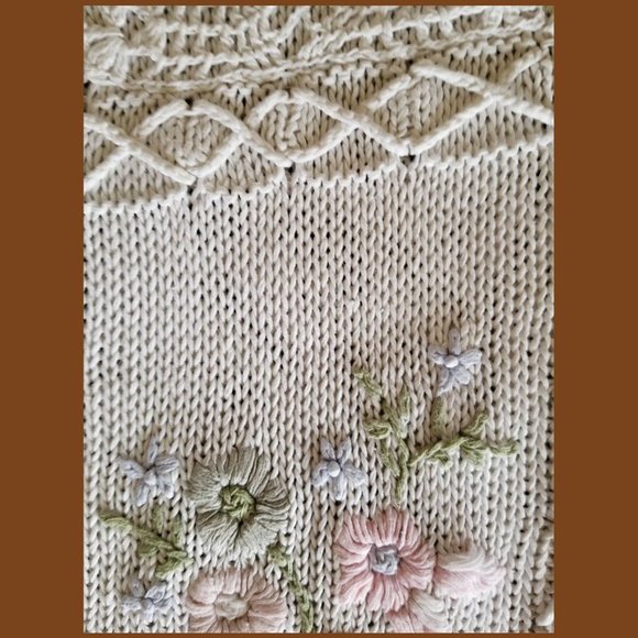 Instyle, hand crafted Classics Sweaters - Vintage, embroidery floral leaf, lace crochet, white cotton sweater M L, Instyle